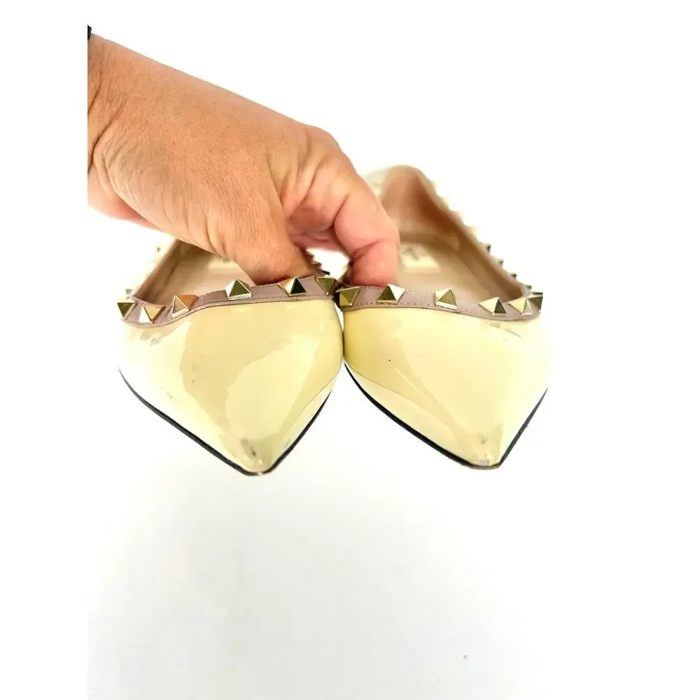 Valentino Garavani Rockstud Ballet Flats Cream Ivory Patent Leather 39 Yellow 9